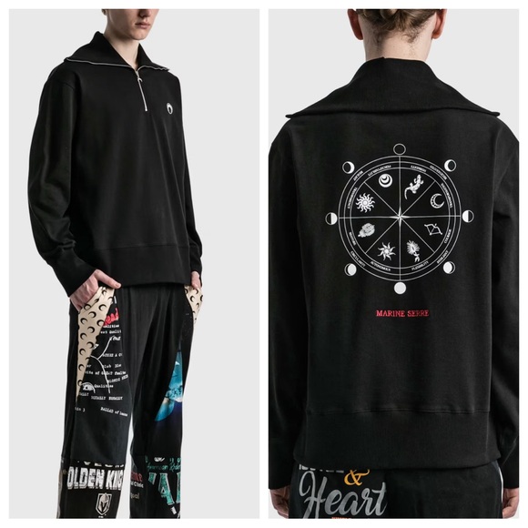 Marine Serre Ecofuturist Printed Half Zip Pullover Logo Sweatshirt in Black - Picture 1 of 7